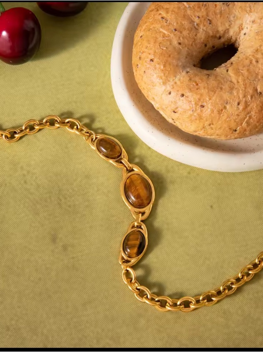 Gold Chain Necklace with Brown Gem Accents - - Picture 3 of 6